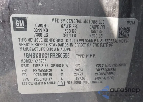 2015 Chevrolet Tahoe Lt z USA, uszkodzony, nr VIN 1GNSKBKC1FR266595